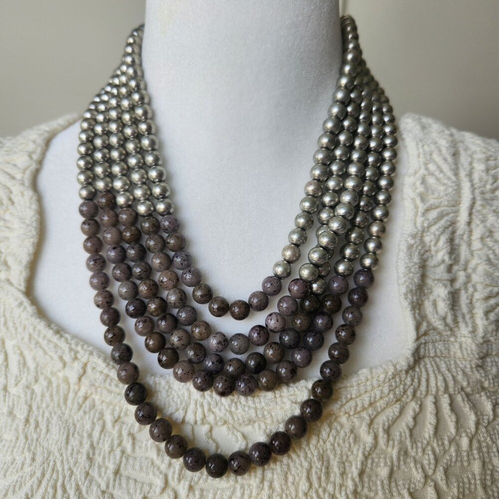 Multi-Strand Silver & Brown Beaded Necklace Western Classy Glam Elegant Office